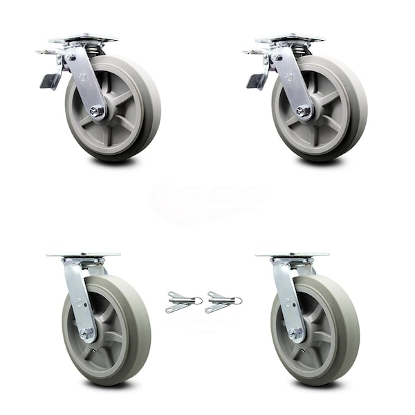 8 Inch Thermoplastic Rubber Caster Set with Roller Bearing 2 Brake 2 Swivel Lock